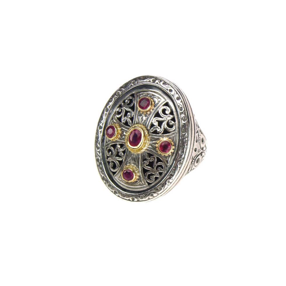 Byzantine oval Ring in 18K Gold and Sterling Silver with rubies