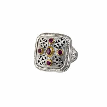 Garden Shadows Cross pattern square Ring in 18K Gold and Sterling Silver with rubies