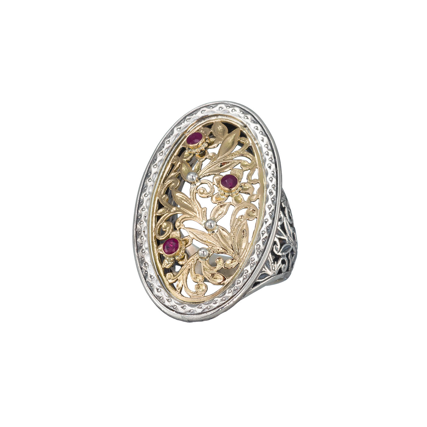 Garden shadows big oval ring in 18K Gold and Sterling Silver and rubies
