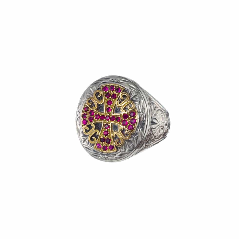 Ring oval with cross in 18K Gold and Sterling Silver with rubies