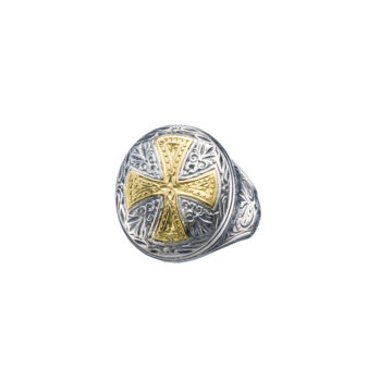 Byzantine Ring oval with cross in 18K Gold and Sterling Silver