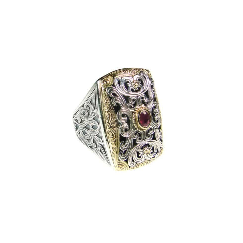 Garden shadows ring in 18K Gold and Sterling Silver with ruby