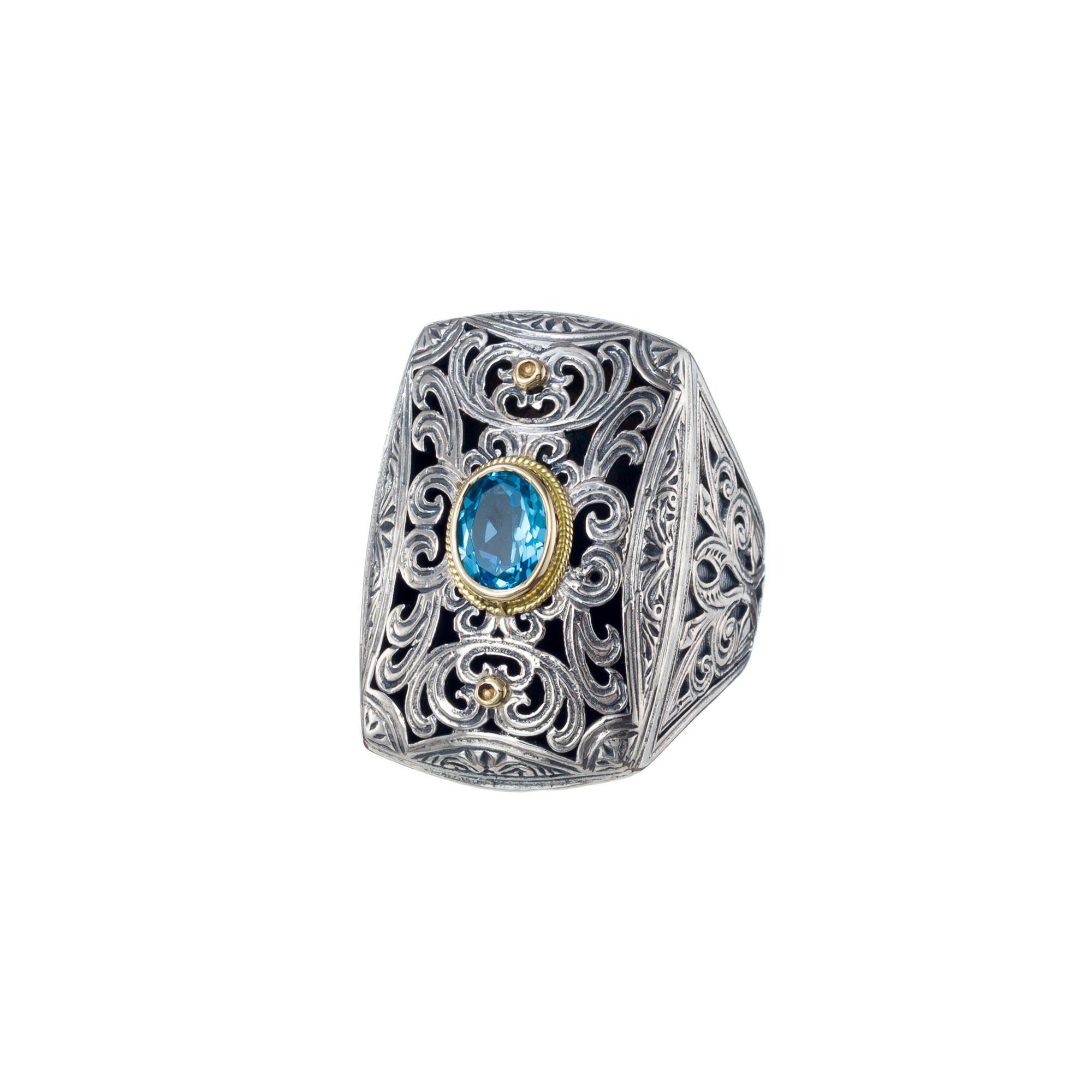 Garden shadows ring in 18K Gold and Sterling Silver with blue topaz