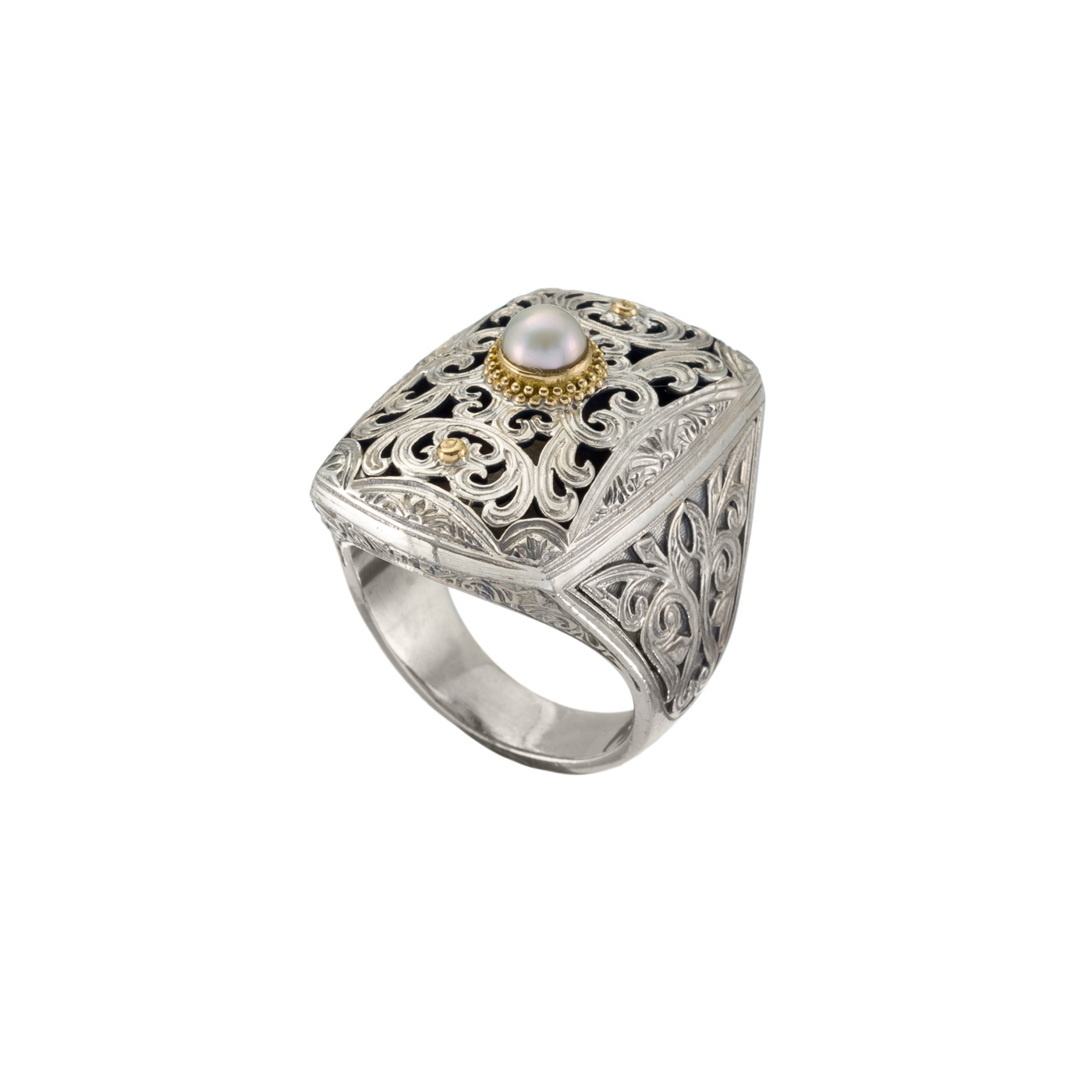 Garden shadows ring in 18K Gold and Sterling Silver with pearl