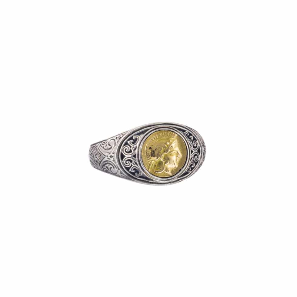 Symbol Ring in 18K Gold and Sterling Silver with Athena the Goddess