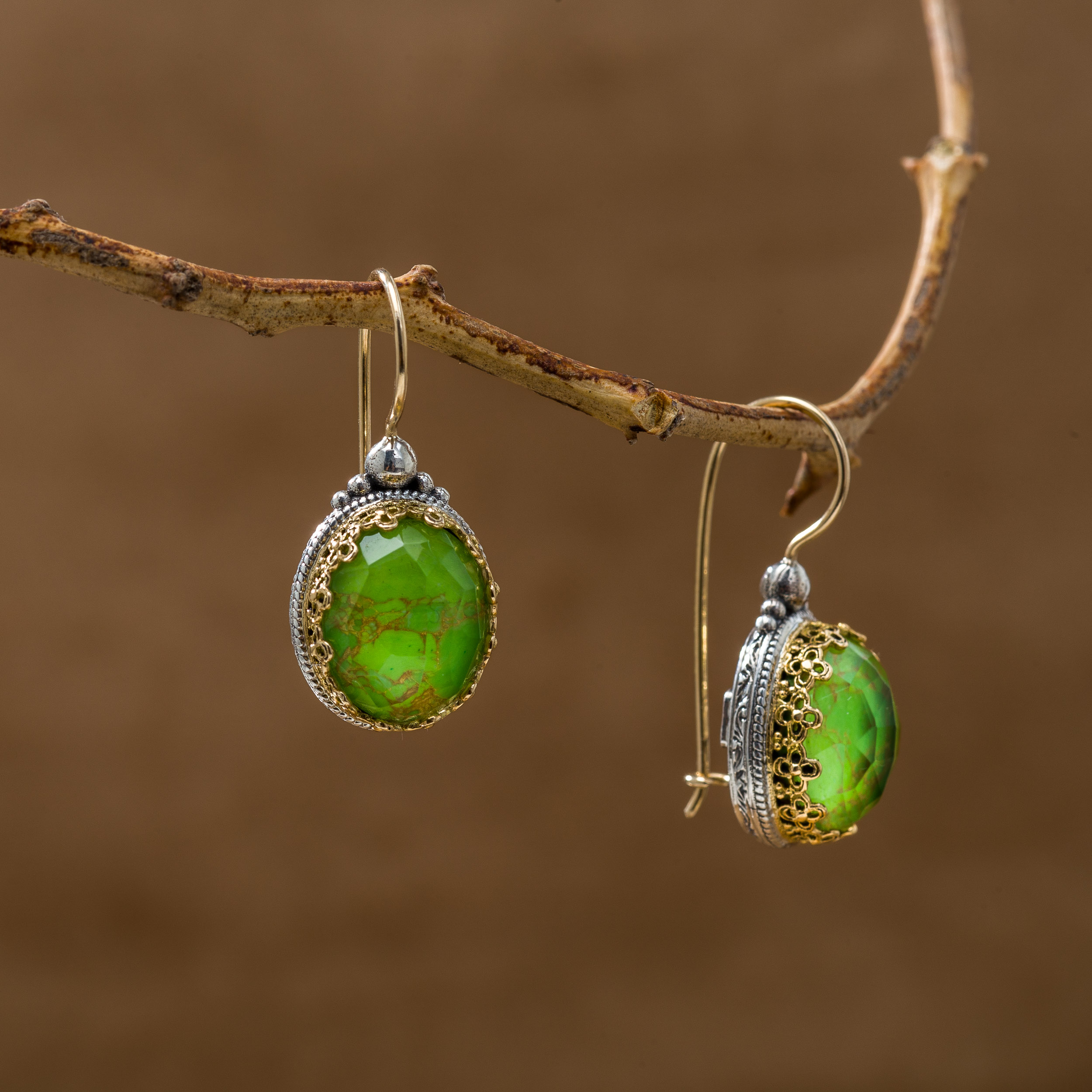 Aegean Colors Earrings in 18K Gold and Sterling Silver with Doublet Stone Green Copper