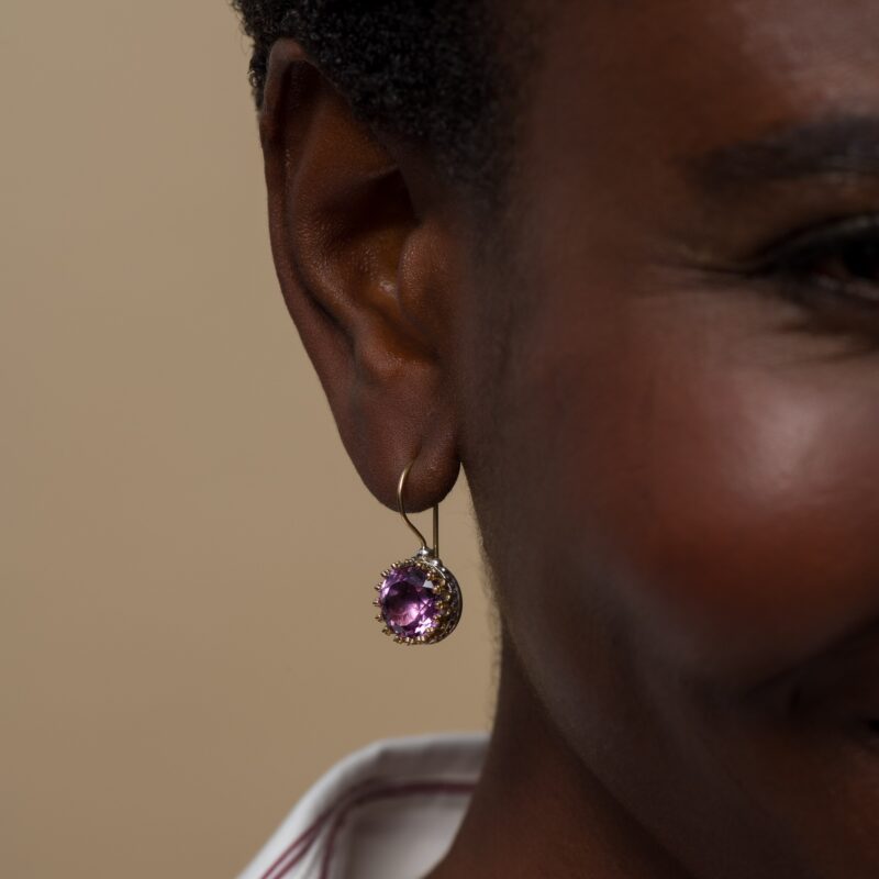 Crown round Earrings in 18K Gold and Sterling Silver with Semi precious Stones