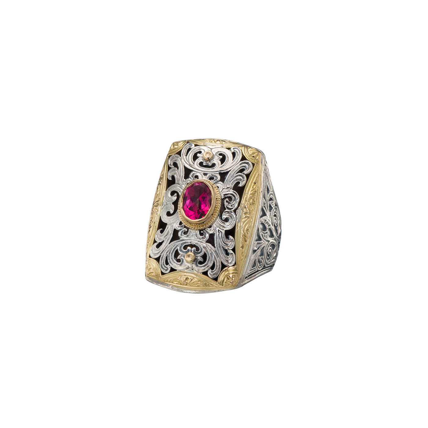 Garden shadows ring in 18K Gold and Sterling Silver with pink topaz