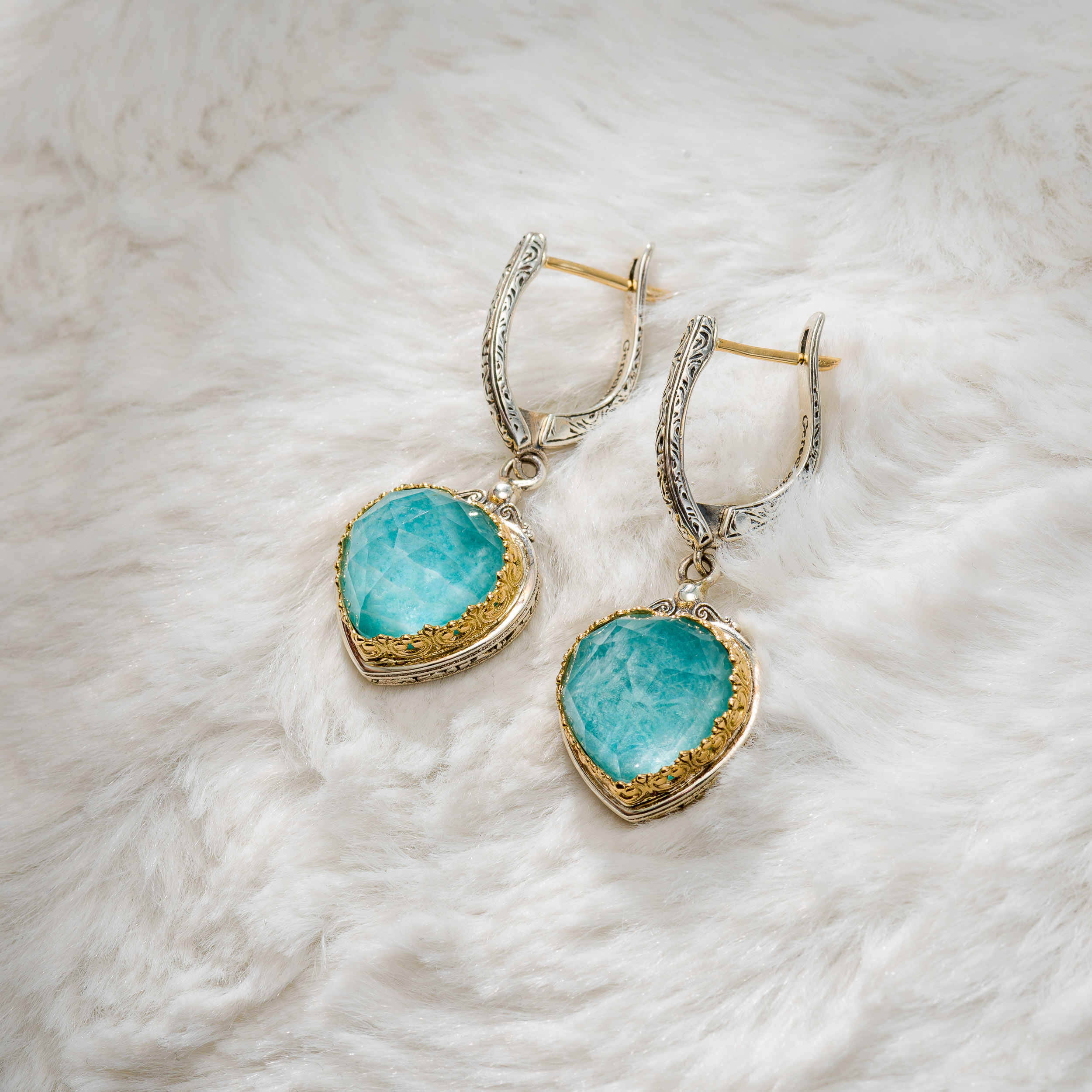 Iris Heart earrings in 18K Gold and Sterling Silver with amazonite