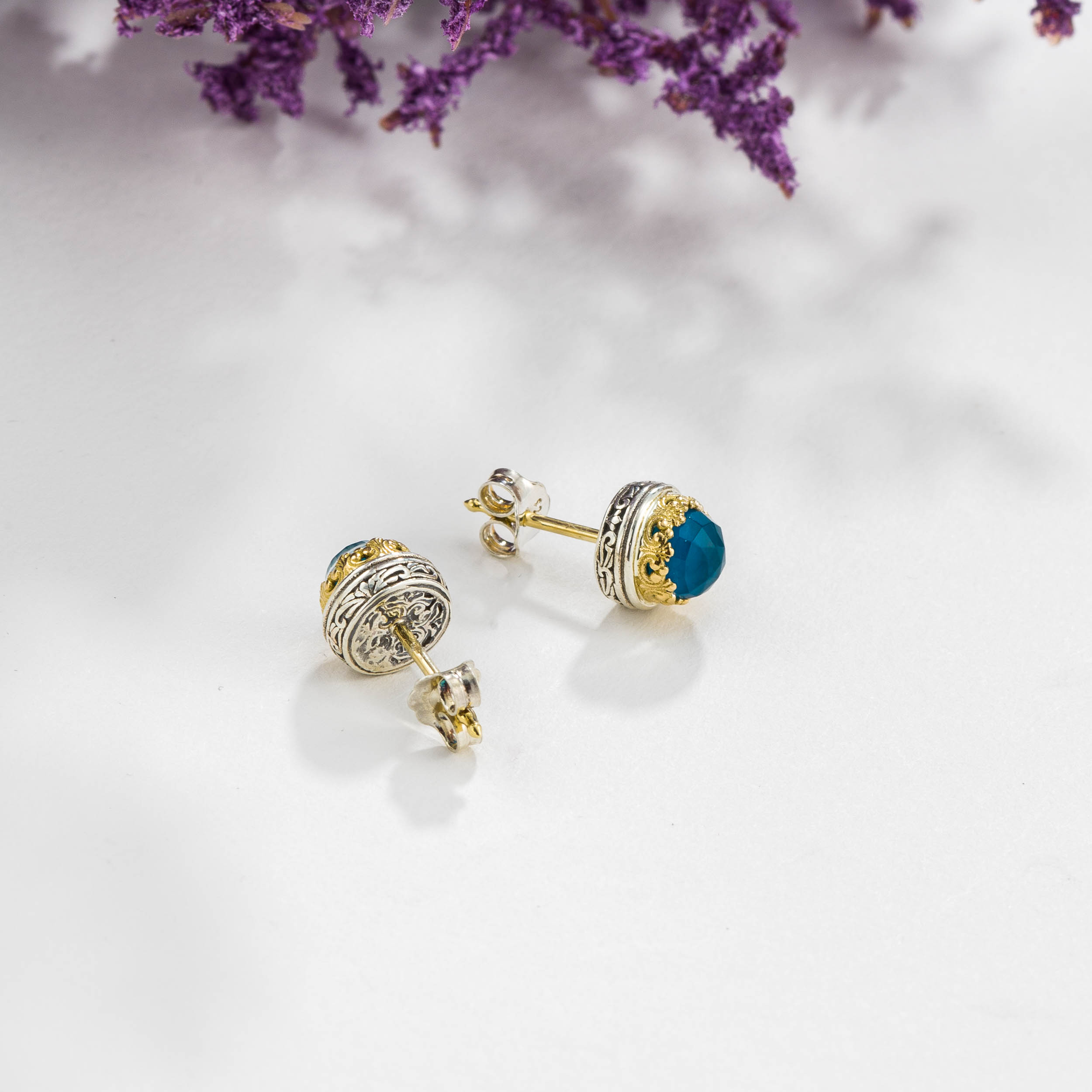 Iris round stud earrings in 18K Gold and Sterling Silver with doublet stones