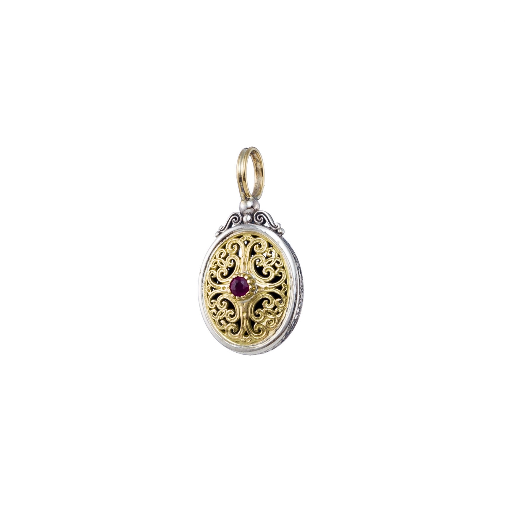 Mediterranean oval pendant in 18K Gold and  Sterling silver with ruby