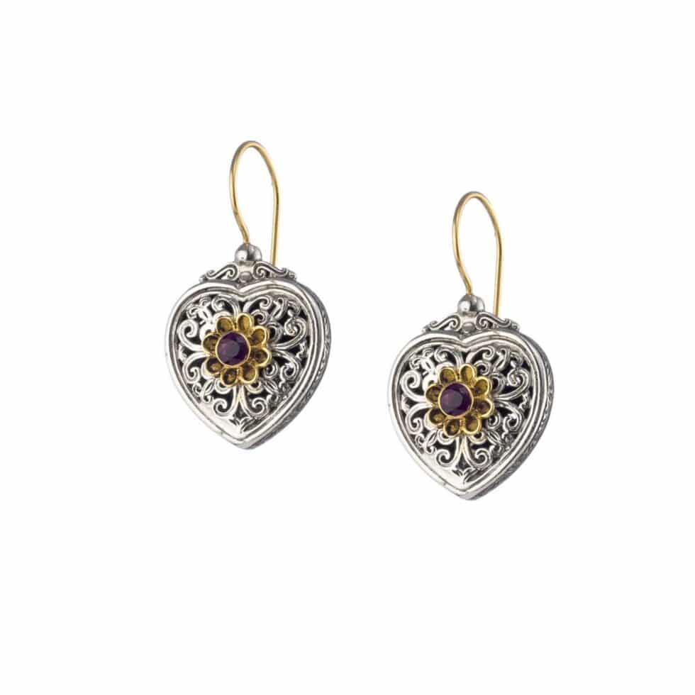 Mediterranean heart earrings in 18K Gold and Sterling Silver with ruby