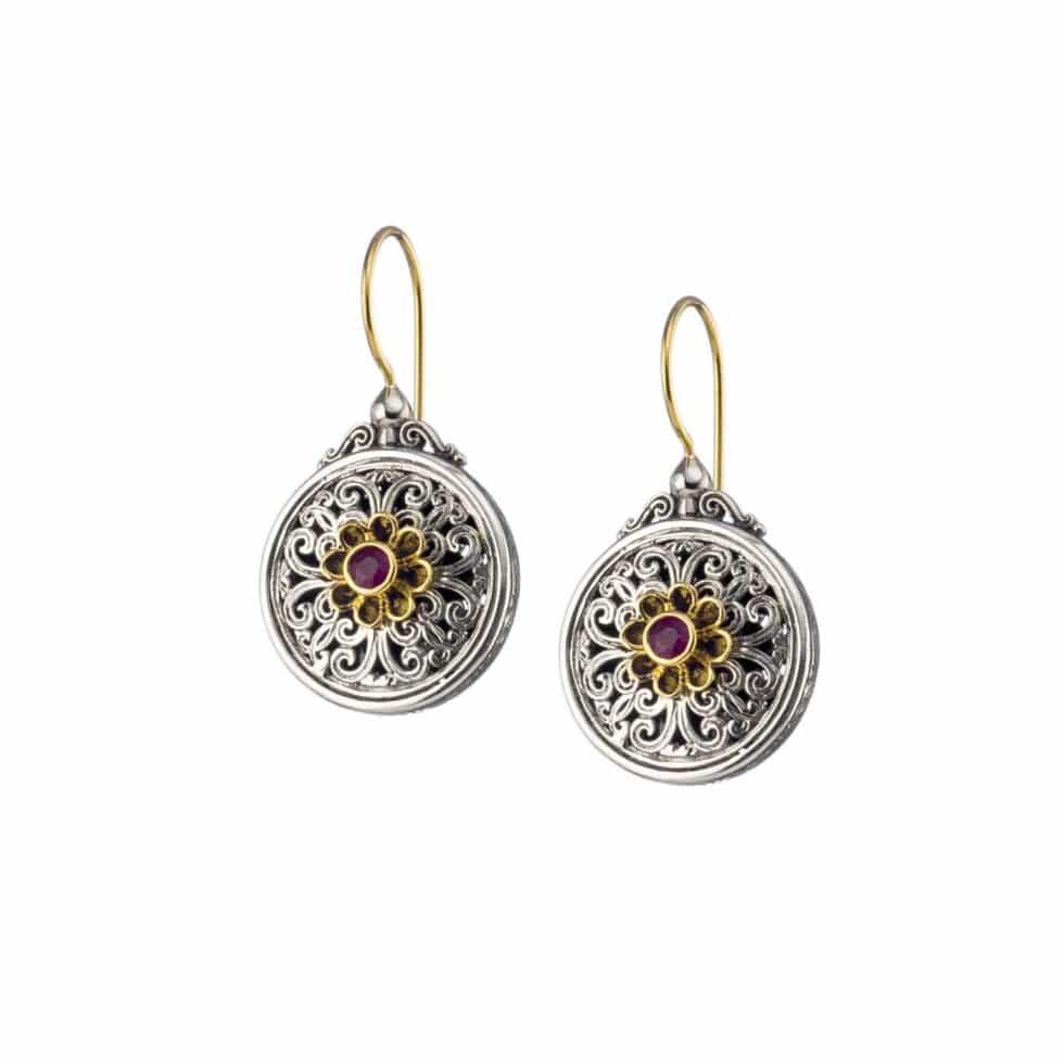 Mediterranean round earrings in 18K Gold and Sterling Silver with ruby