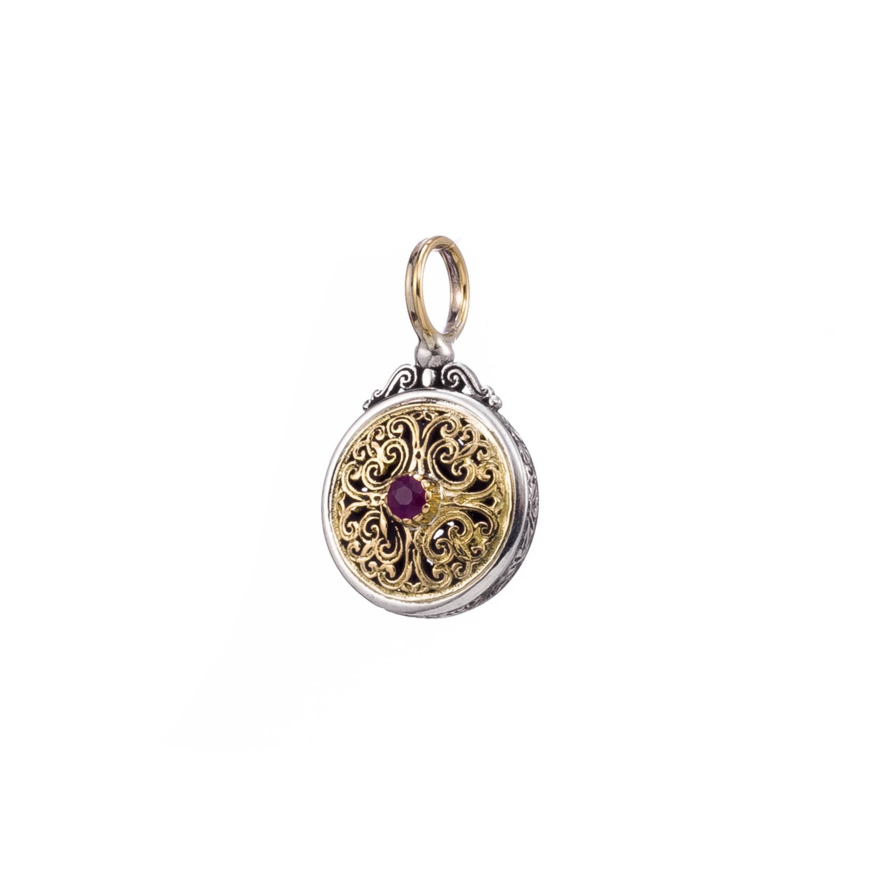Mediterranean round pendant in 18K Gold and Sterling silver with ruby