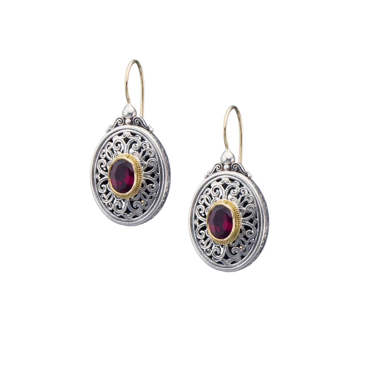 Mediterranean oval earrings in 18K Gold and Sterling Silver with rhodolite