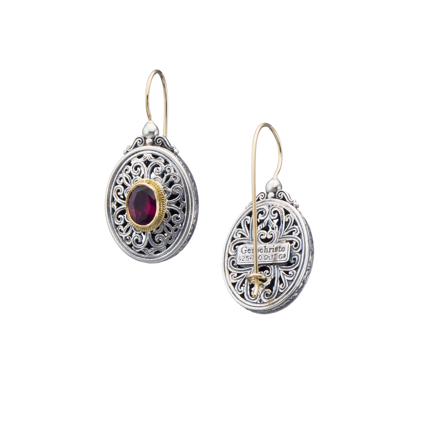 Mediterranean oval earrings in 18K Gold and Sterling Silver with rhodolite
