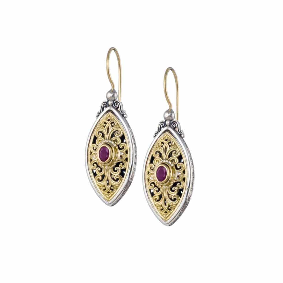 Mediterranean marquise earrings in 18K Gold and Sterling Silver with ruby