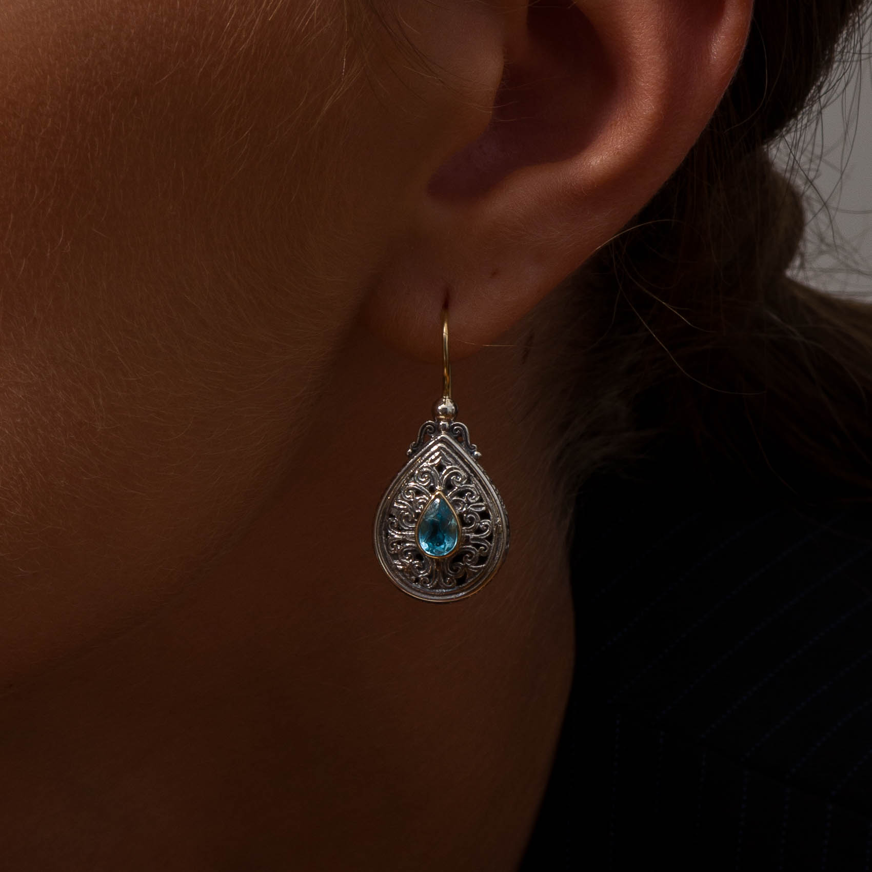 Mediterranean drop earrings in 18K Gold And Sterling Silver with blue topaz