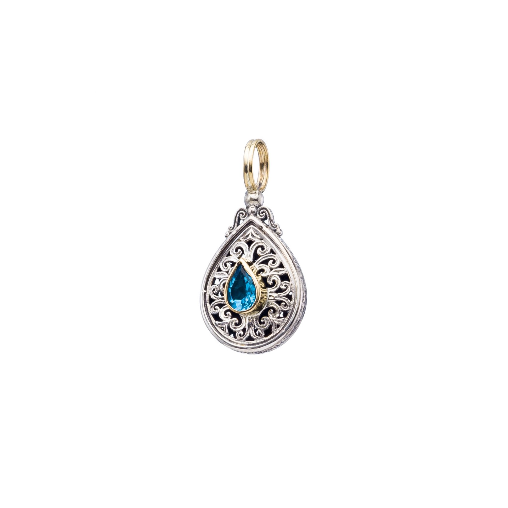 Mediterranean drop pendant in 18K Gold and Sterling silver with blue topaz