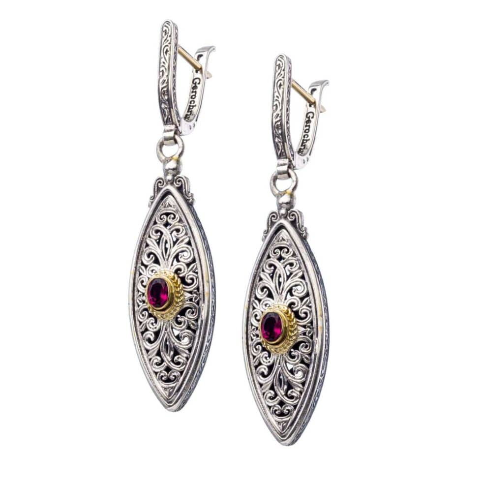 Mediterranean marquise earrings in 18K Gold and sterling silver with rhodolite