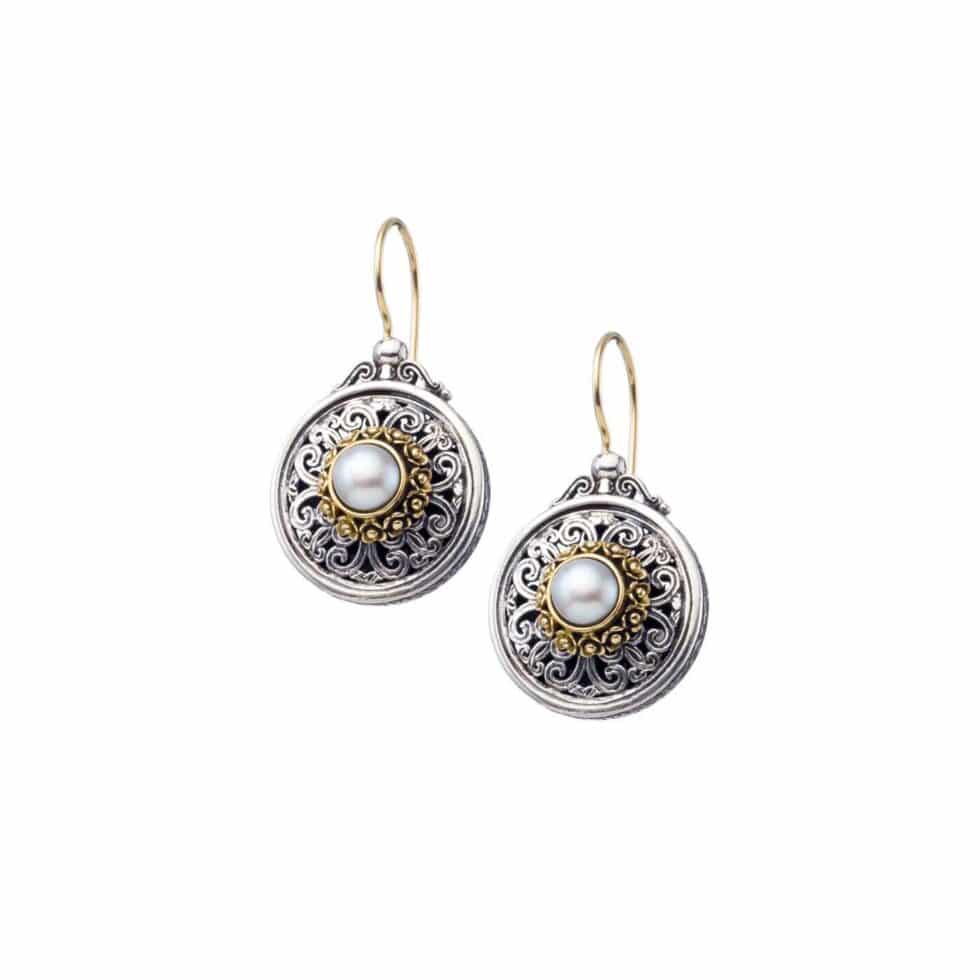 Mediterranean round earrings in 18K Gold and Sterling Silver with pearl