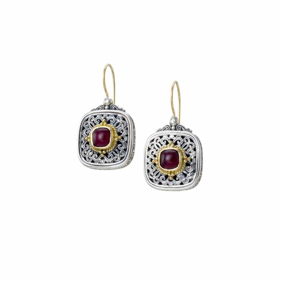 Mediterranean square earrings in 18K Gold and Sterling Silver with garnet