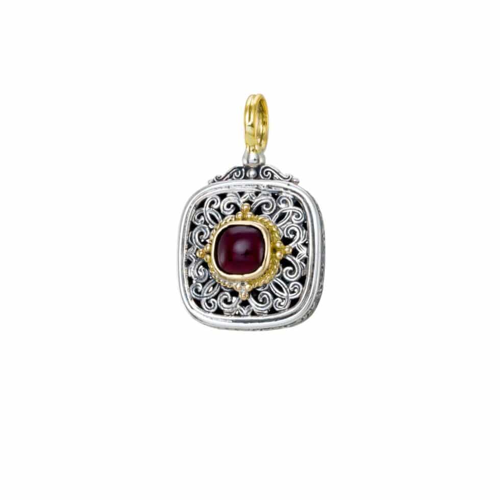Mediterranean square pendant in 18K Gold and Sterling silver with garnet