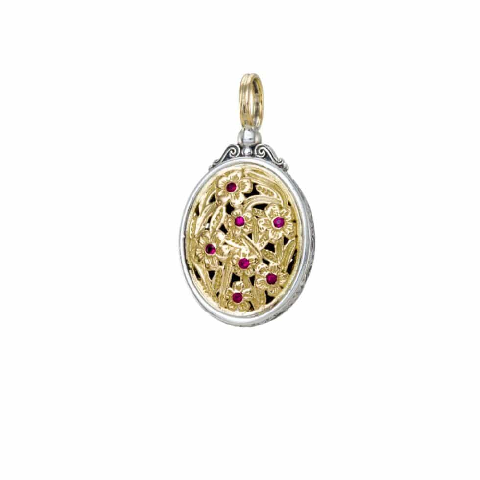 Harmony big oval pendant in 18K Gold and Sterling silver with rubies