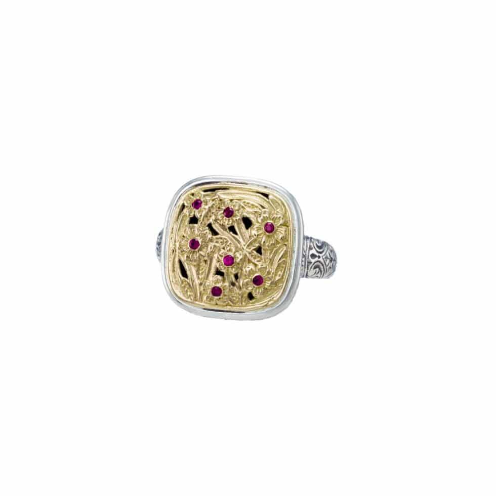 Harmony Square ring in 18K Gold and Sterling silver with rubies