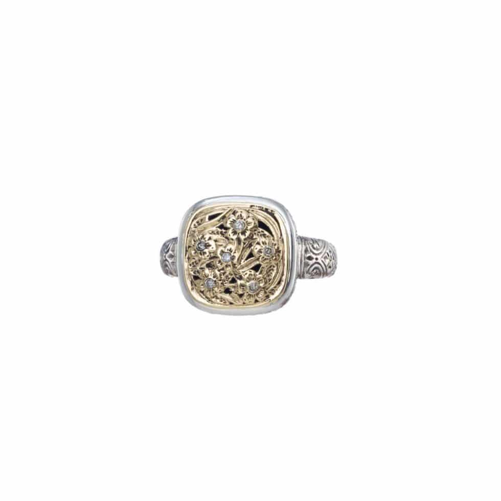 Harmony Square Ring in 18K Gold and Sterling Silver with Brown Diamonds