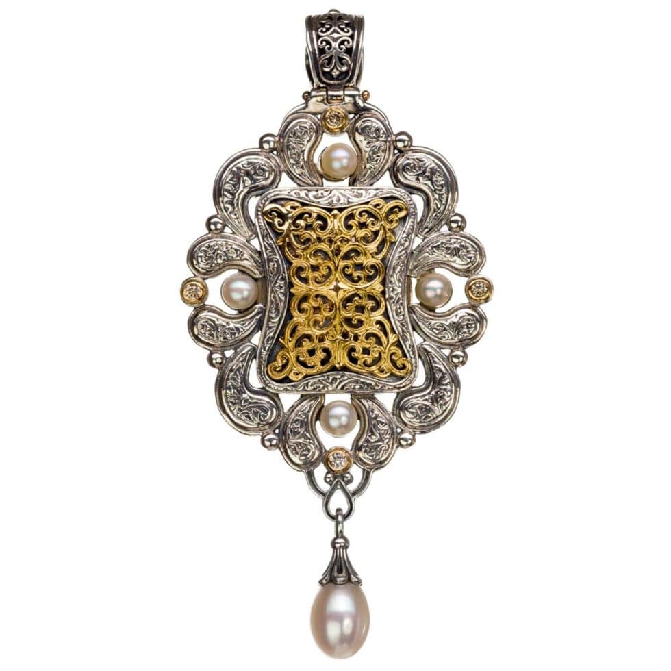 Mediterranean pendant, secret locket in 18K Gold and Sterling Silver with Diamonds