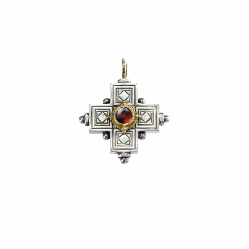 Cyclades Square Cross in 18K Gold and Sterling Silver with semi precious stone