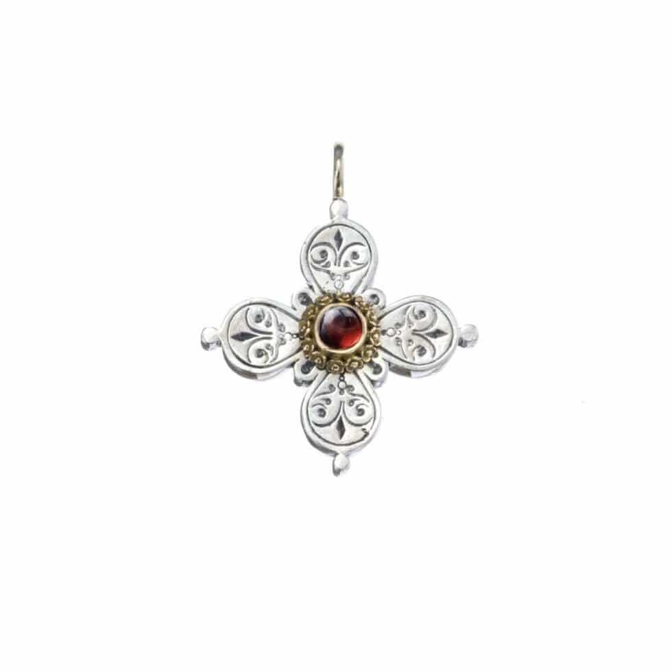 Byzantine Cross in 18K Gold and Sterling Silver with Garnet