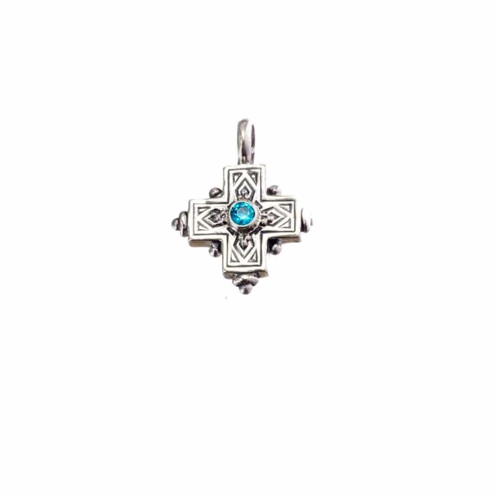 Cyclades Classic Cross in Sterling Silver with Blue Cubic zirconia