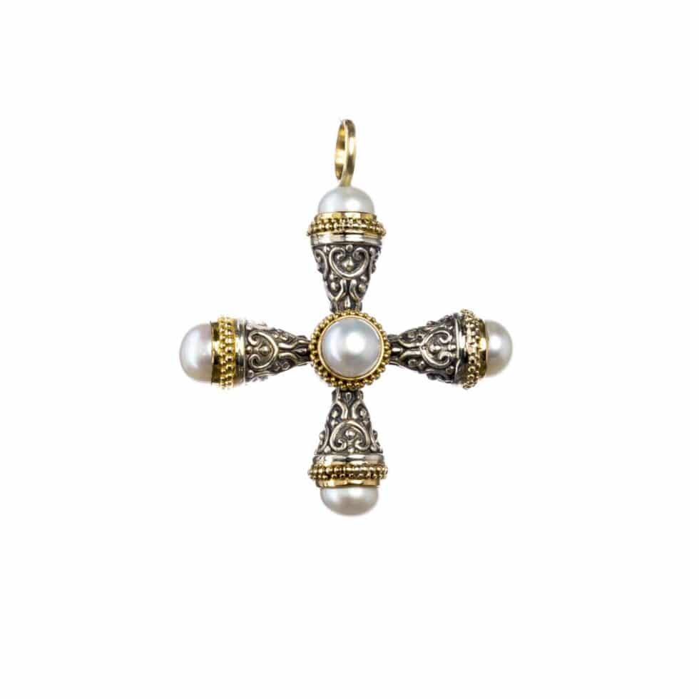 Santorini cross in 18K Gold and Sterling Silver with Pearl