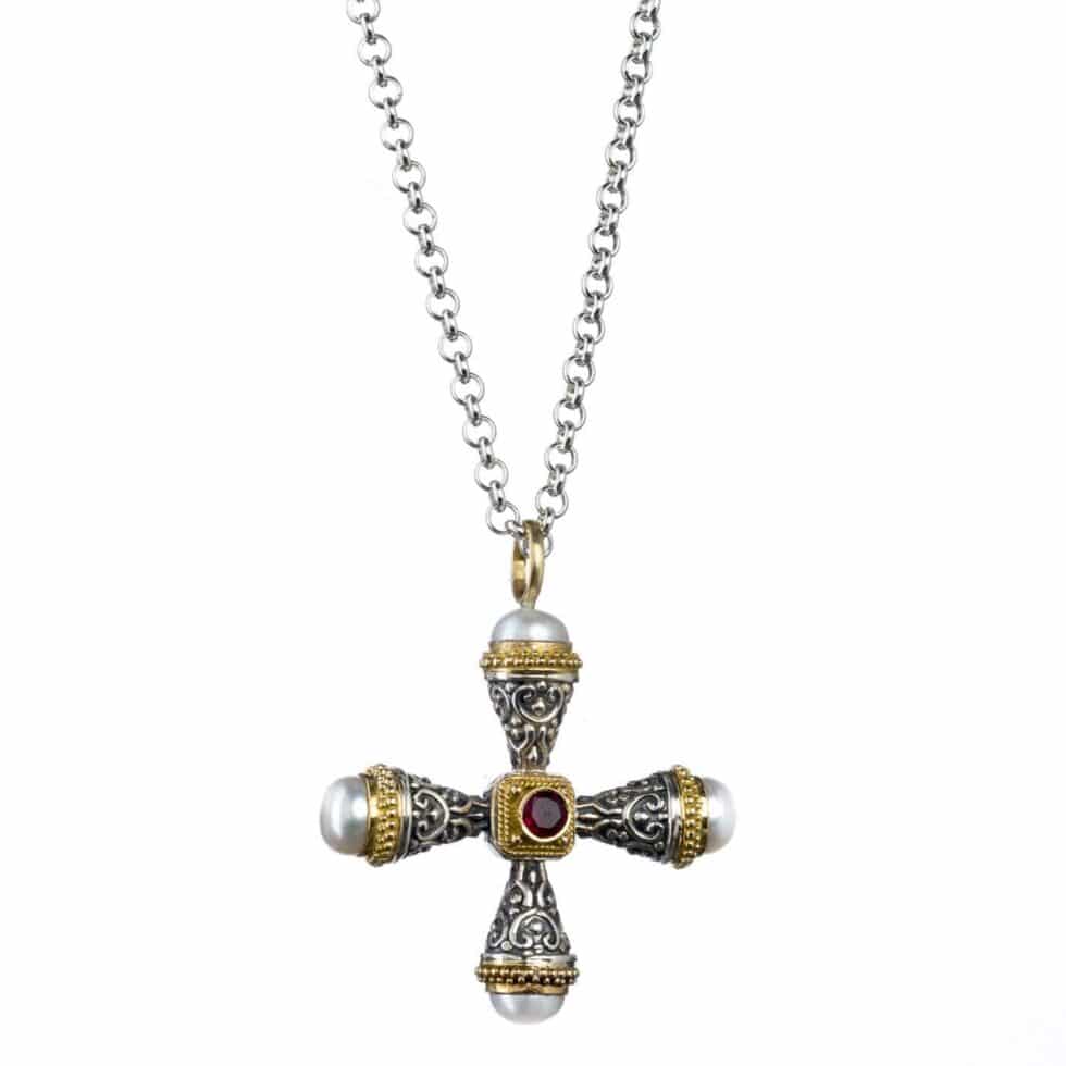 Santorini cross in 18K Gold and Sterling Silver with Ruby