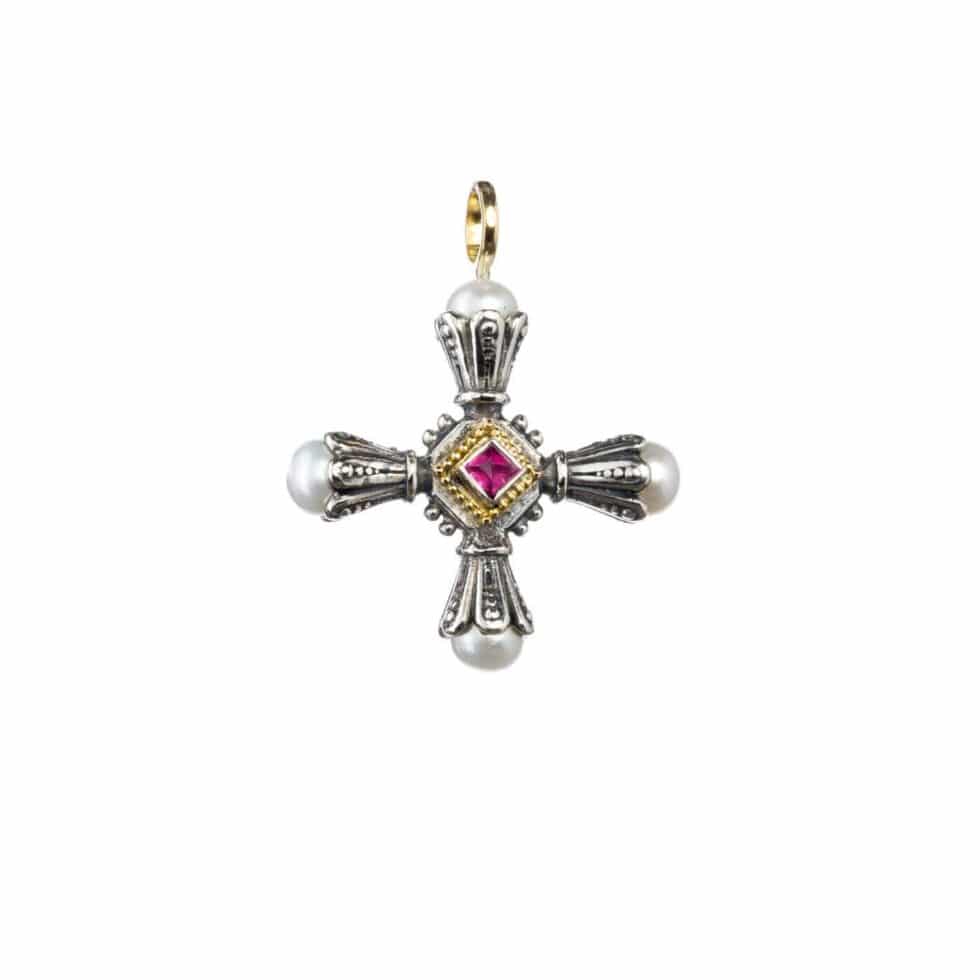 Santorini cross in 18K Gold and Sterling Silver with Pink tourmaline