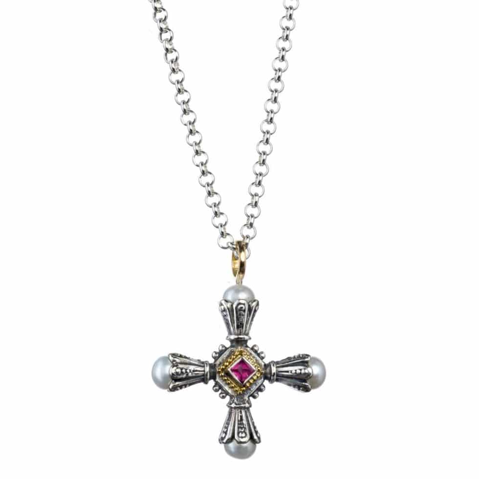 Santorini cross in 18K Gold and Sterling Silver with Pink tourmaline