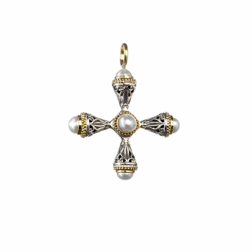Santorini cross in 18K Gold and Sterling Silver with freshwater Pearls