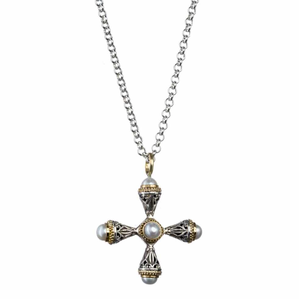 Santorini cross in 18K Gold and Sterling Silver with freshwater Pearls