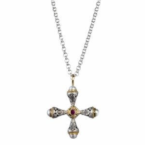 Santorini cross in 18K Gold and Sterling Silver with Ruby - Image 2
