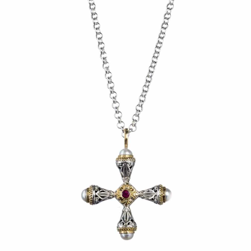 Santorini cross in 18K Gold and Sterling Silver with Ruby