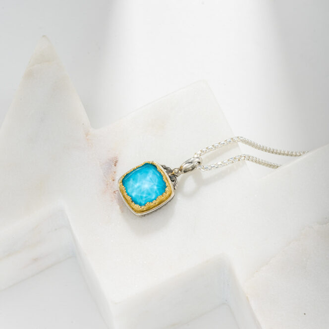 Iris Square Pendant in Sterling Silver with Gold Plated Parts and Doublet Gemstone - Image 2