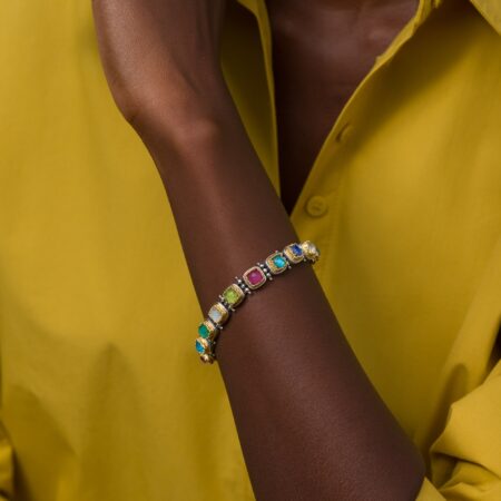 Iris square Links multi colors bracelet in Sterling silver with Gold plated parts