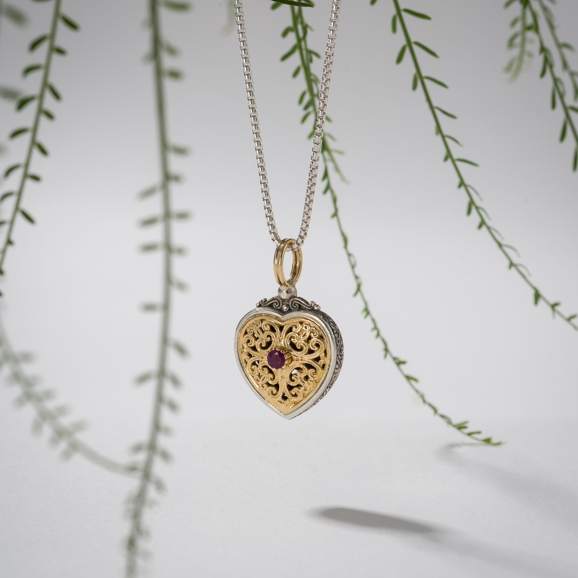 Mediterranean Heart Pendant in 18K Gold and Sterling Silver with Precious stone