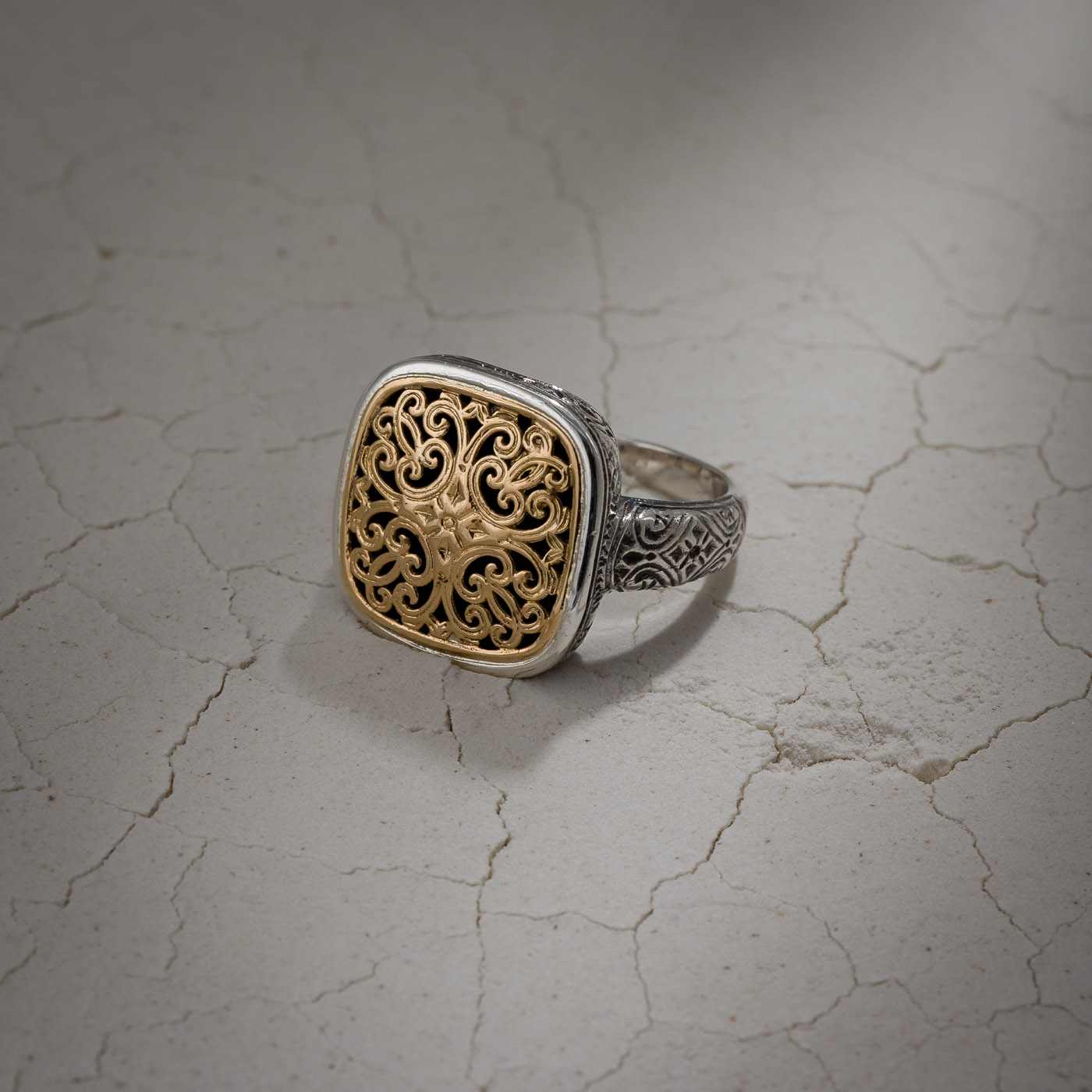 Mediterranean Square Ring in 18K Gold and Sterling Silver