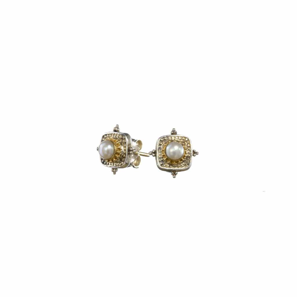 Cyclades small Stud square earrings in 18K Gold and Sterling Silver with pearls