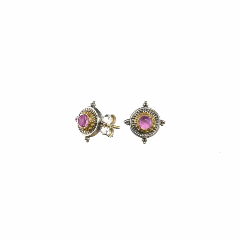 Cyclades small Stud round earrings in 18K Gold and Sterling Silver with pink tourmaline