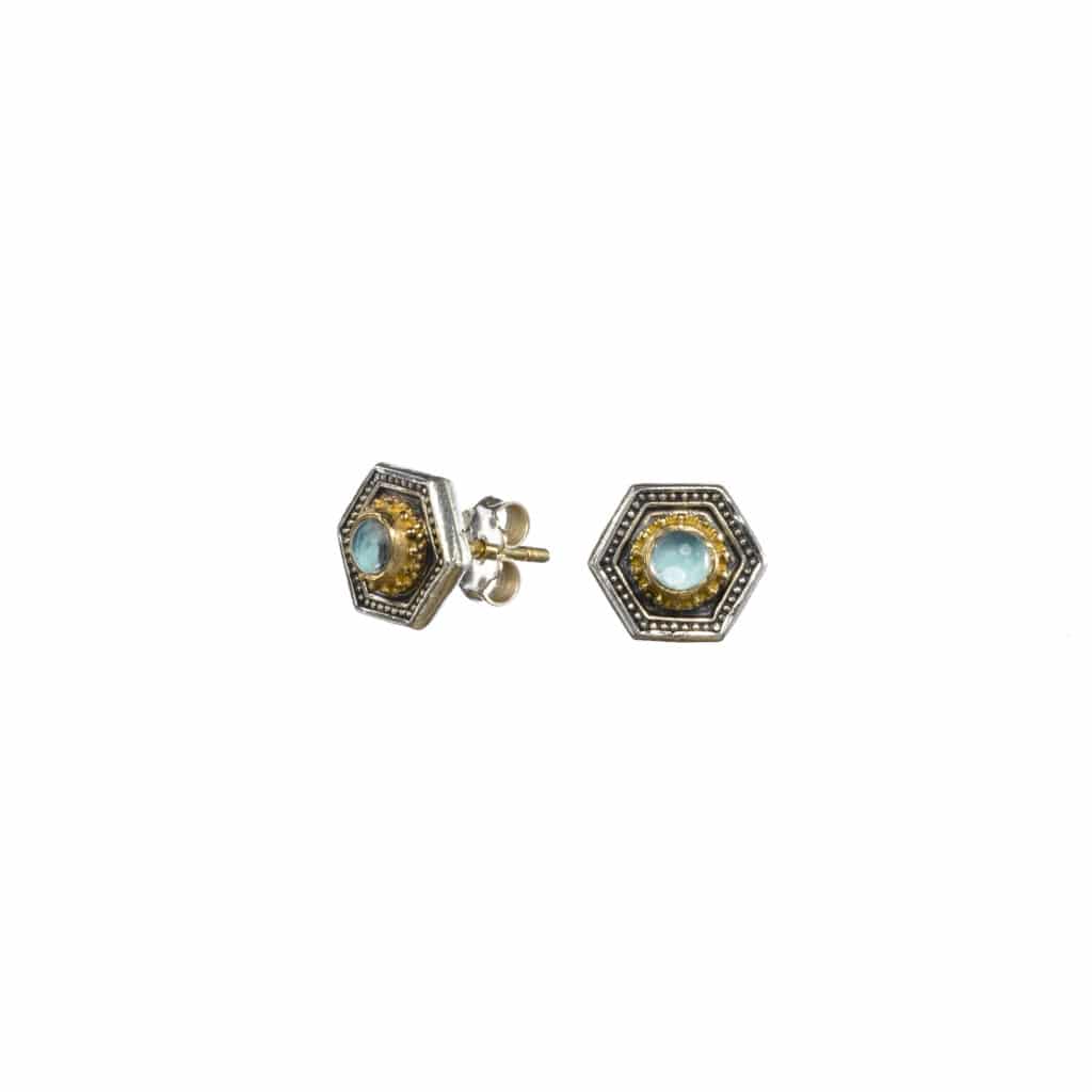 Cyclades small stud polygon earrings in 18K Gold and Sterling Silver with aquamarine