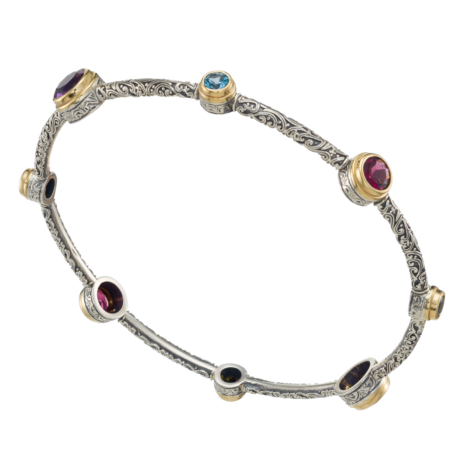 Bangle bracelet in 18K gold, sterling silver and natural stones